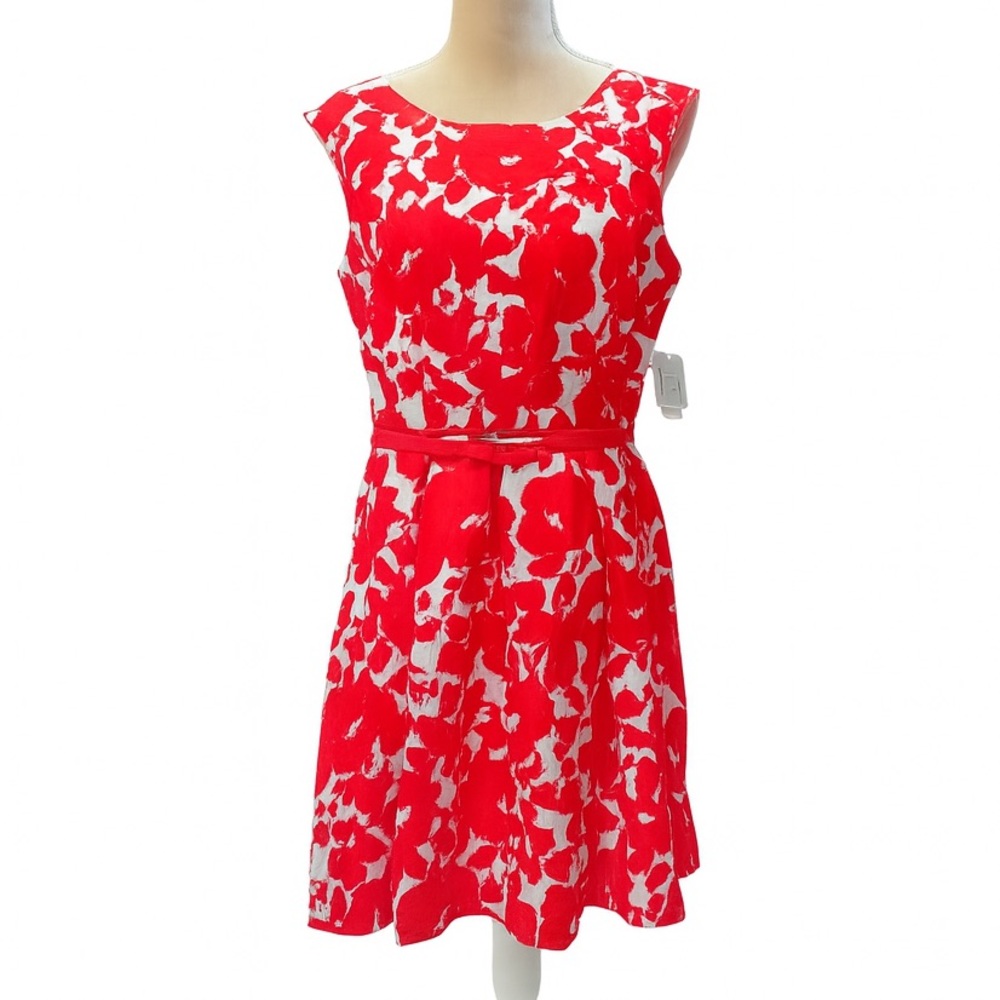 Danny & Nicole Women Red and White Floral Belted Mini Dress Fit & Flare Size 10